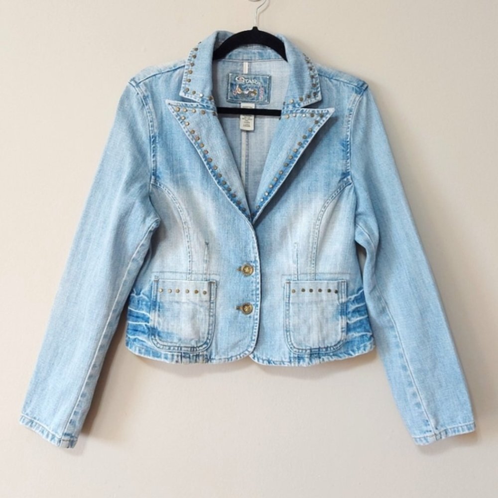 Star Jeans Denim Jacket Size Large Studded Women's Blue Wash Buttons Pockets